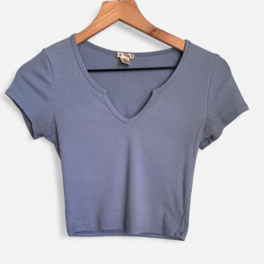Bozzolo Ribbed Notch Neck Crop Top Short Sleeve Blue Grey Cotton Blend